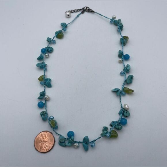 Howlite Pearl Peridot Quartz Beaded Necklace Artisan Made sterling silver blue - Picture 5 of 10